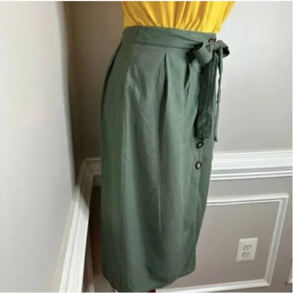 Cali 1850 Women's Olive Button Front Linen Blend Skirt with Attached Belt Size S - Picture 4 of 9